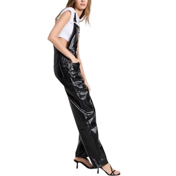 Good American Faux Better Than Leather Black Textured Overalls Straight Leg - Picture 1 of 16